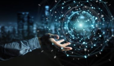 Planet earth ağ küre 3d işlemesini kullanan iş adamı