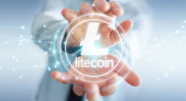 İşadamı litecoins cryptocurrency 3d işleme kullanarak