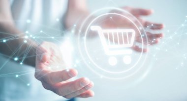 Dijital alışveriş simgeleri kullanarak bağlantıları 3d ren ile işadamı
