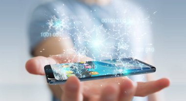 Cep telefonu 3d renderi üzerinde dijital ikili kod kullanarak iş adamı