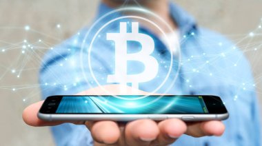 İşadamı bitcoins cryptocurrency 3d işleme kullanarak