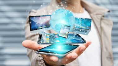 İşadamı teknik cihazlar ve simgeler uygulamaları 3d re bağlanılıyor