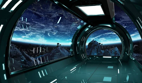 Interior da nave espacial com vista para a Terra elementos de renderização 3D de t — Fotografia de Stock