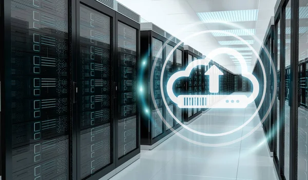 Icono de nube descargando datos en el centro de la sala de servidores renderizado 3D —  Fotos de Stock
