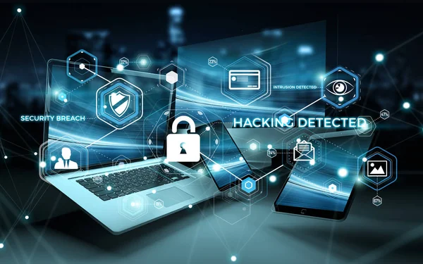 Antivirus interface over modern tech devices 3D rendering — Stock Photo, Image
