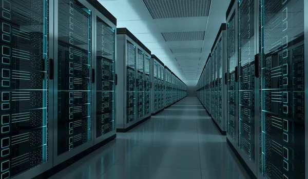 Sala de servidores centro de datos interior 3D renderizado —  Fotos de Stock