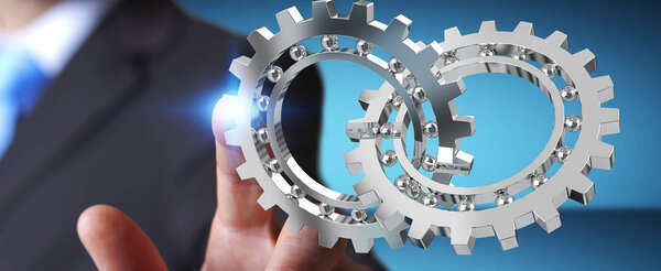 Businessman using floating modern gear mechanism 3D rendering