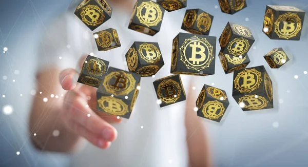 Empresário usando bitcoins criptomoeda 3D renderização — Fotografia de Stock