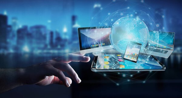 Бизнесмен, соединяющий технологические устройства и иконки 3D re
