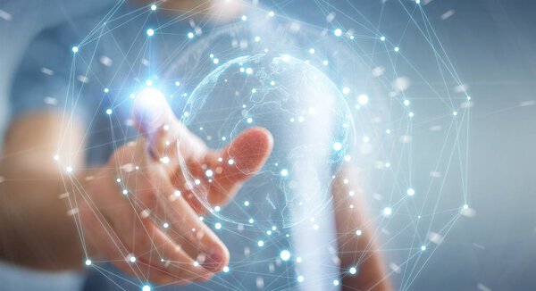 Businessman using planet earth network sphere 3D rendering