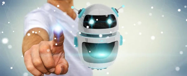 Бизнесмен, использующий приложение цифрового робота Chatbot 3D рендеринг — стоковое фото