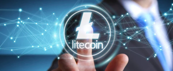 Empresario usando litecoins cryptocurrency 3D rendering — Foto de Stock