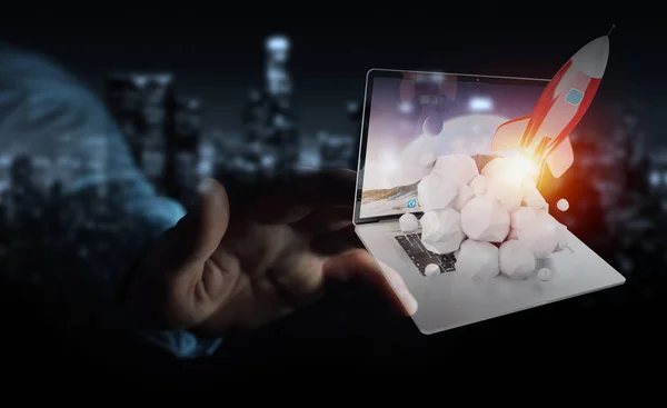 Uomo d'affari con lancio razzo da un computer portatile rendering 3D — Foto Stock