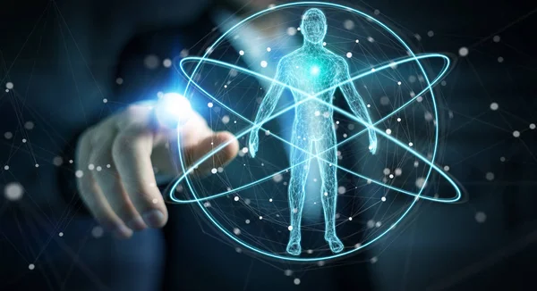 Uomo d'affari che utilizza l'interfaccia digitale di scansione del corpo umano a raggi X ren 3D — Foto Stock