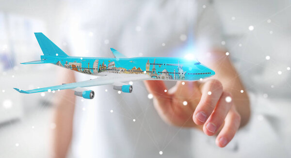 Бизнесмен с самолетом и знаменитыми достопримечательностями мира 3D ренд
