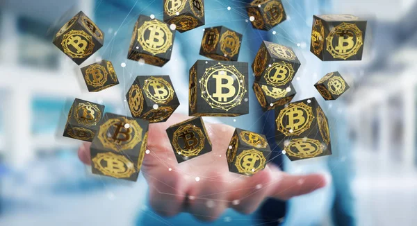 Empresário usando bitcoins criptomoeda 3D renderização — Fotografia de Stock