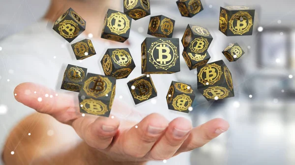 Empresario usando bitcoins cryptocurrency 3D rendering — Foto de Stock
