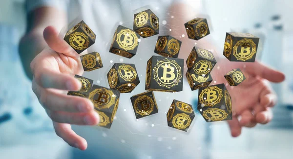 Podnikatel, pomocí bitcoins kryptoměn 3d vykreslování — Stock fotografie