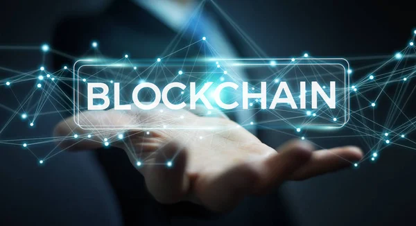 Üzletember segítségével blockchain cryptocurrency interfész 3d renderelés ak — Stock Fotó