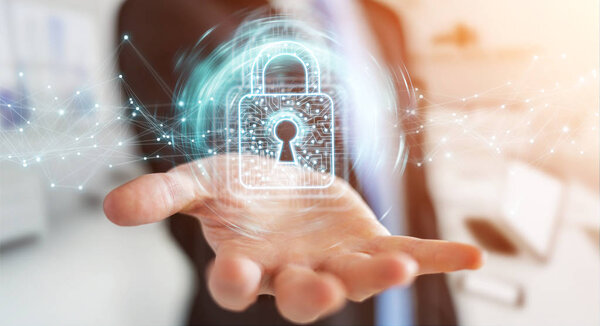 Businessman using digital padlock with data protection 3D render