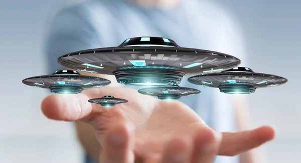 Uomo d'affari con astronave retrò UFO rendering 3D — Foto Stock