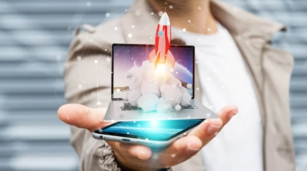 Pengusaha dengan roket diluncurkan dari laptop 3D rendering — Stok Foto