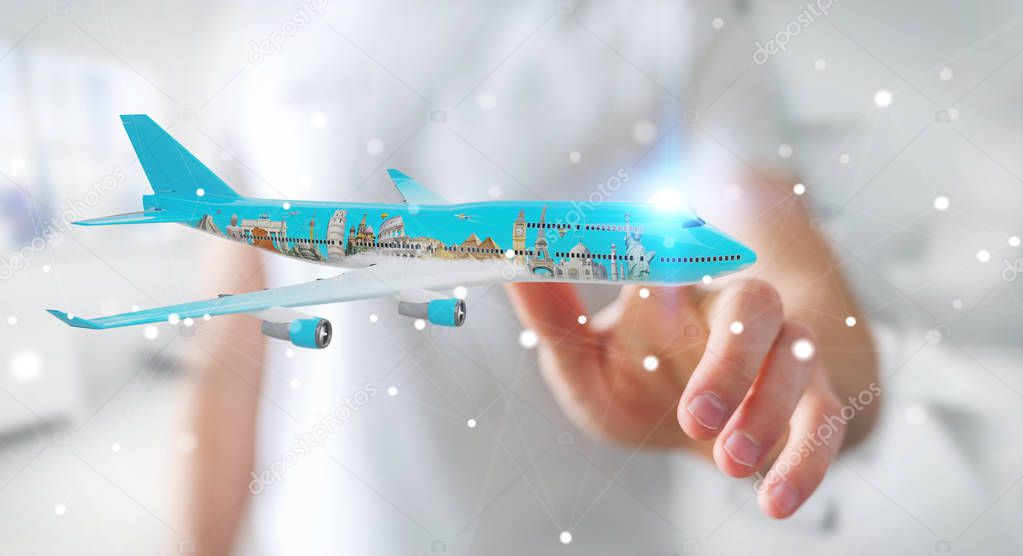 Businessman with plane and famous landmarks of the world 3D rend