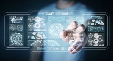 Dijital ekranlar hologramlar veriler 3d render ile kullanarak iş adamı