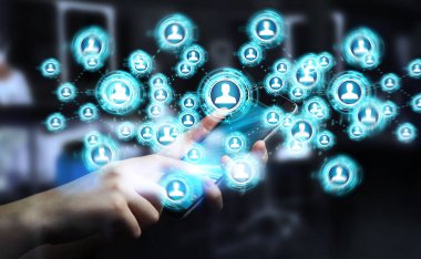 Sosyal ağ arabirimi 3d işlemesini kullanan iş adamı