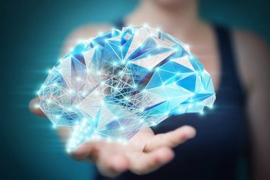 3d r işkadını dijital röntgen insan beyninde onu tutan el