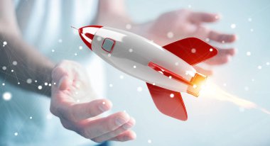 Holding ve bir roket 3d render dokunmadan işadamı