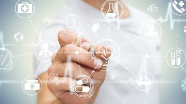 Bir kalem 3d render ile dijital tıbbi arabirimini kullanarak iş adamı