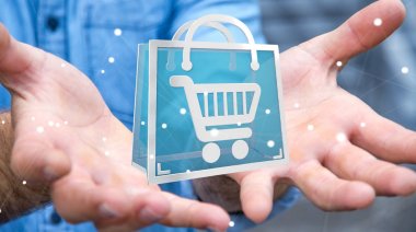 Dijital alışveriş simgeleri 3B oluşturmayı kullanarak iş adamı