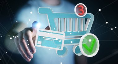 Dijital alışveriş simgeleri 3B oluşturmayı kullanarak iş adamı