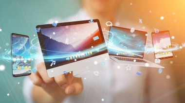 İşadamı teknik cihazlar ve simgeler uygulamaları 3d re bağlanılıyor