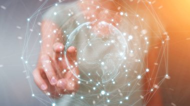 Planet earth ağ küre 3d işlemesini kullanan iş kadını