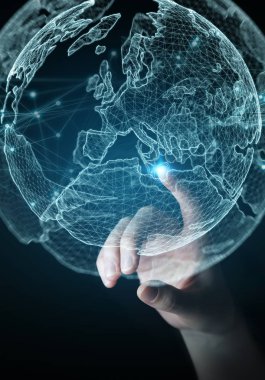 Planet earth ağ küre 3d işlemesini kullanan iş kadını