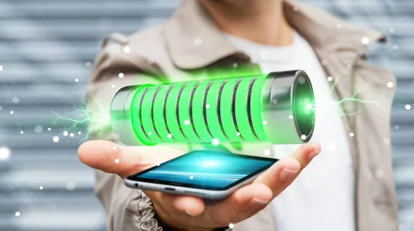 Empresario usando batería verde con renderizado 3D de relámpagos —  Fotos de Stock