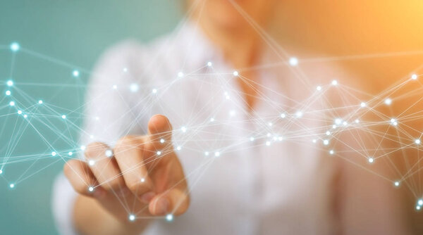 Деловая женщина с помощью 3D рендеринга подключения к сети
