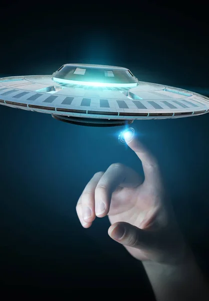 복고풍 Ufo 우주선 3d 렌더링으로 사업가 — 스톡 사진