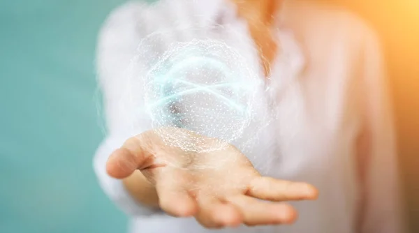 Empresária usando a esfera de conexão de rede digital 3D renderi — Fotografia de Stock