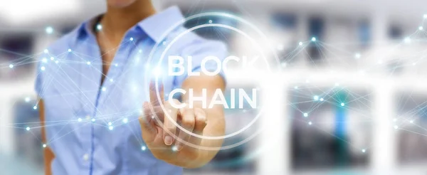 Geschäftsfrau mit Blockchain-Schnittstelle für Kryptowährungen 3d rende — Stockfoto