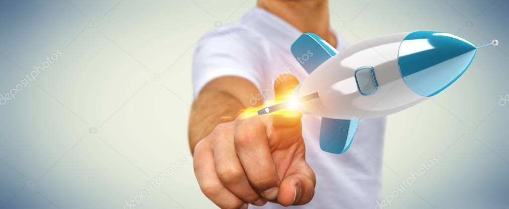 Businessman holding and touching a rocket 3D rendering
