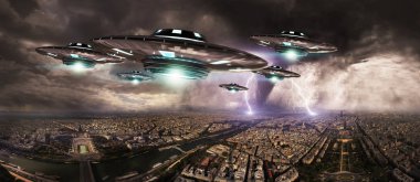 UFO invasionover planet earth şehir 3d render