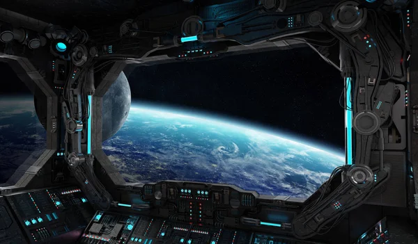 Nave espacial grunge interior con vista al planeta Tierra —  Fotos de Stock