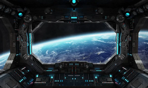 Spaceship grunge interior with view on planet Earth — Stock Photo, Image