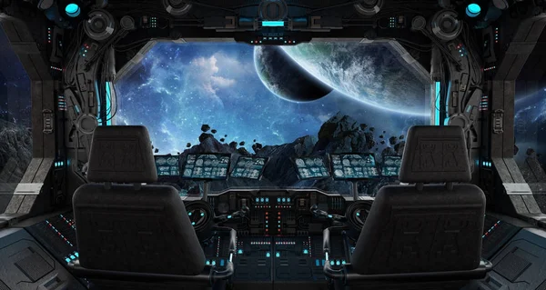 Raumschiff Grunge Interieur mit Blick auf Exoplaneten — Stockfoto