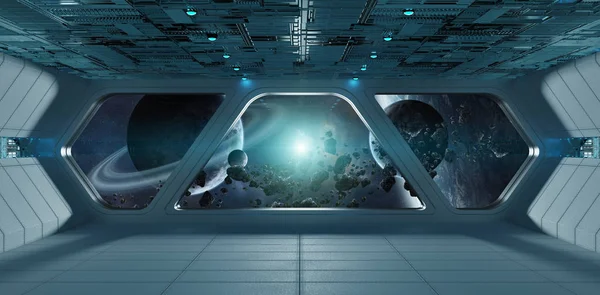 Футуристический серо-синий интерьер космического корабля с видом на экзопланету — стоковое фото
