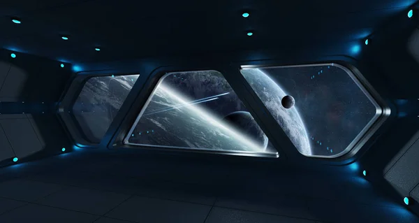 Raumschiff futuristischer Innenraum mit Blick auf Exoplaneten — Stockfoto