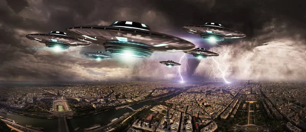 Invasión OVNI sobre planeta tierra ciudad 3D renderizado — Foto de Stock